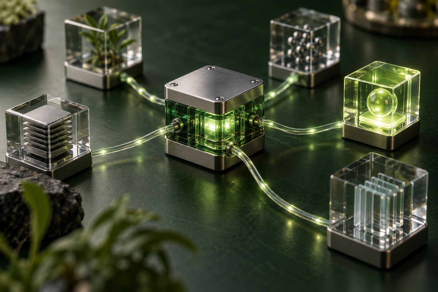 Connected glass modules illustrating an AI automation workflow