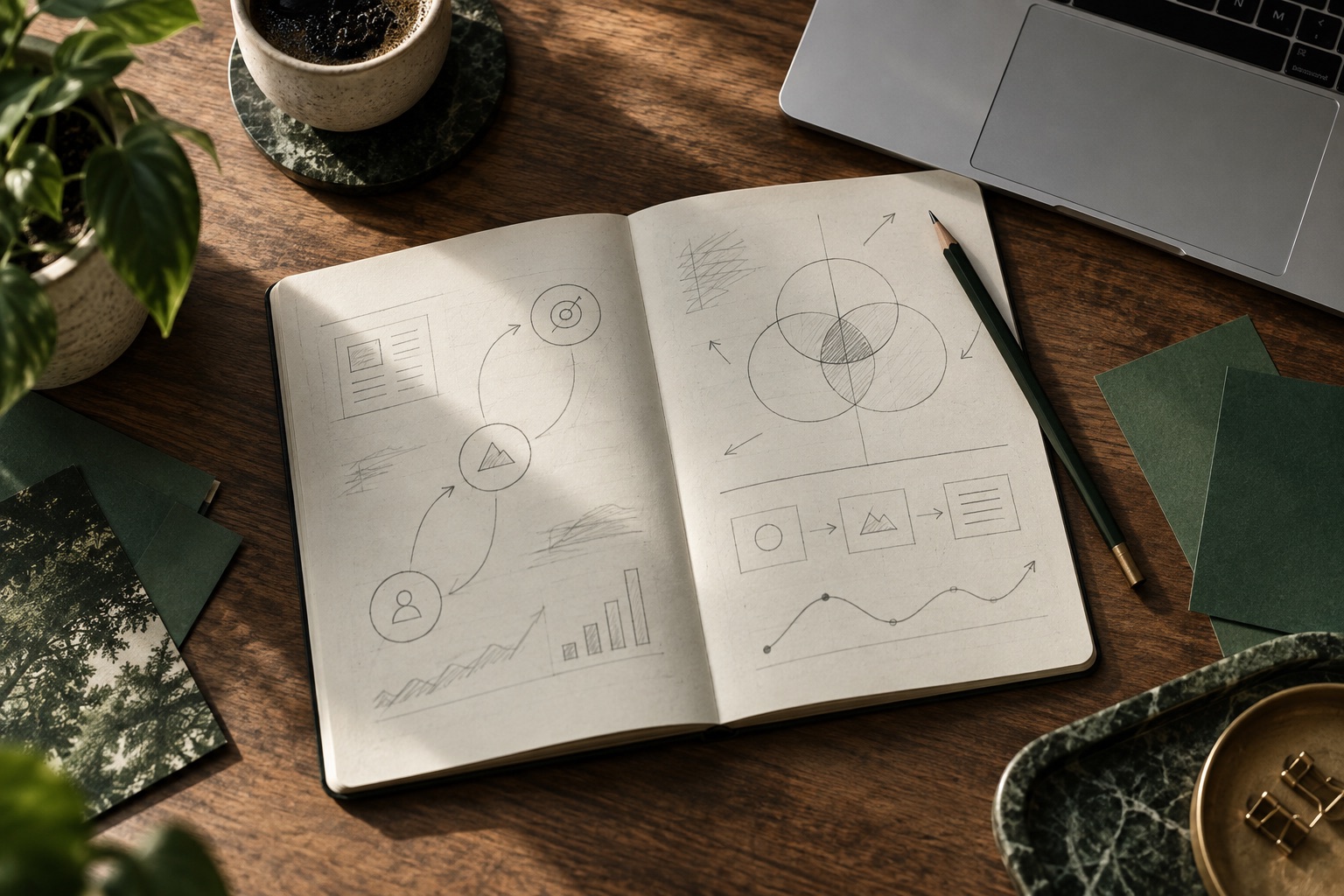 Notebook with product journey sketches beside a laptop